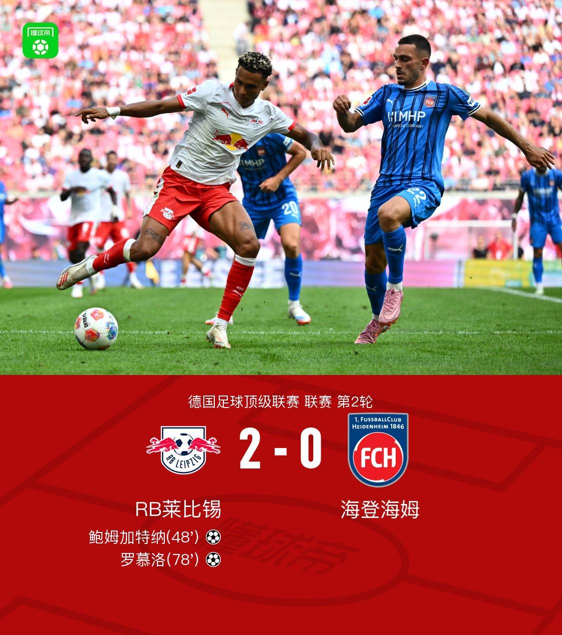 必一运动-RB莱比锡2-0海登海姆，鲍姆加特纳破门，罗慕洛锁定胜局